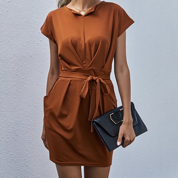 Boho Rust Brown Ruched Pocket Mini Dress Work - Picture 2 of 5